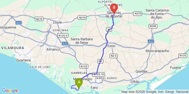 Map: Faro Airport (FAO) to Sao Bras de Alportel