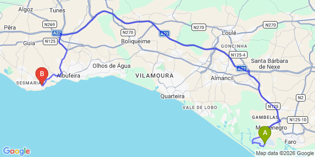 Map: Faro Airport (FAO) to Sao Rafael