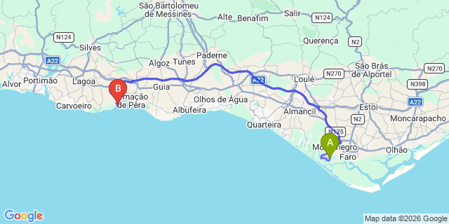 Map: Faro Airport (FAO) to Senhora da Rocha