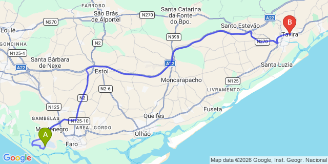 Map: Faro Airport (FAO) to Tavira