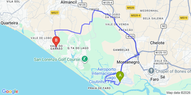Map: Faro Airport (FAO) to Vale do Garrao