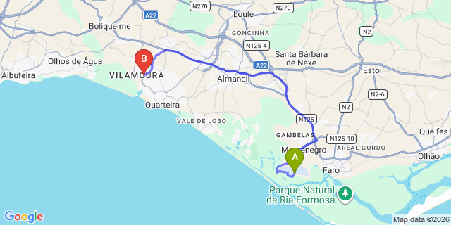 Map: Faro Airport (FAO) to Vilamoura