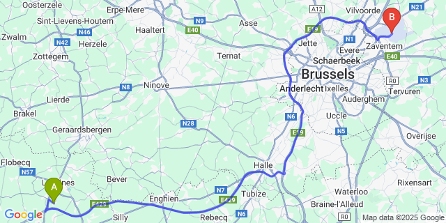 Map: Brussels Zaventem Airport (BRU) to Papignies