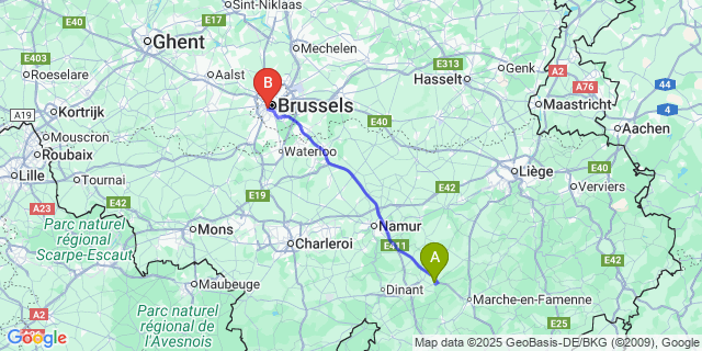 Map: Brussels Midi Train Station to Pessoux