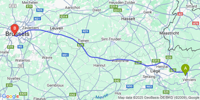 Map: Brussels Midi Train Station to Petit-Rechain