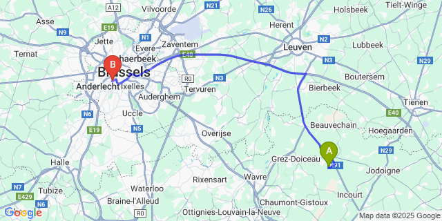 Map: Brussels Midi Train Station to Pietrebais