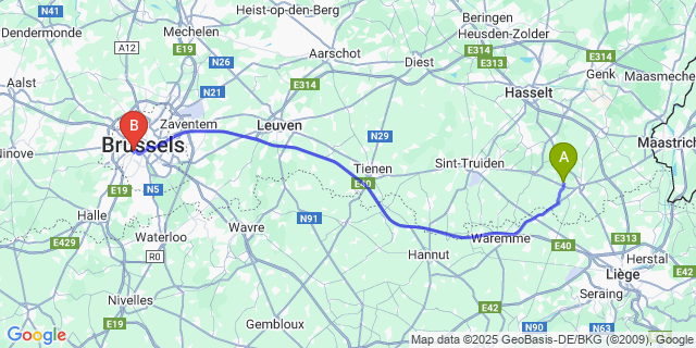 Map: Brussels Midi Train Station to Piringen