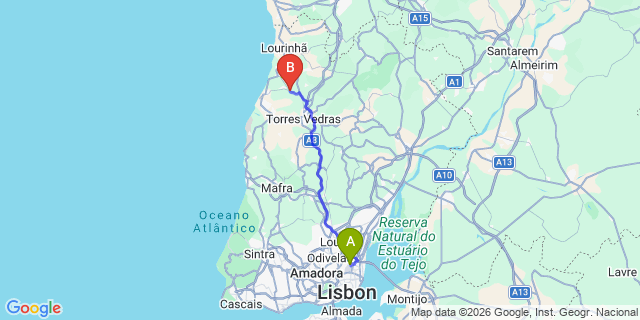 Map: Lisbon Airport (LIS) to A dos Cunhados