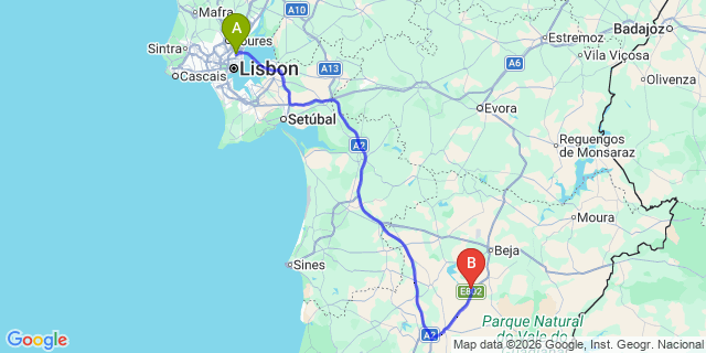 Map: Lisbon Airport (LIS) to Albernoa