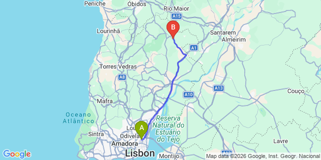Map: Lisbon Airport (LIS) to Alcoentre