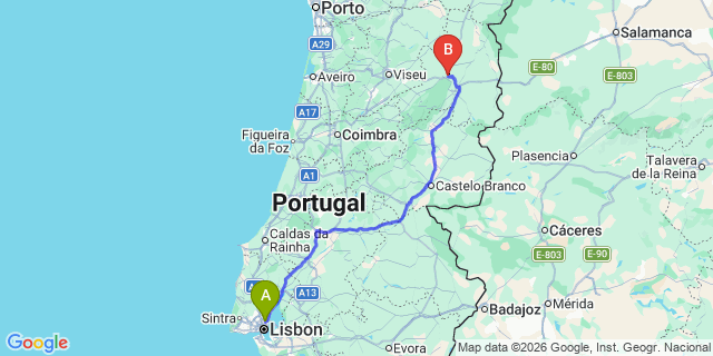 Map: Lisbon Airport (LIS) to Aldeia Rica (Guarda)