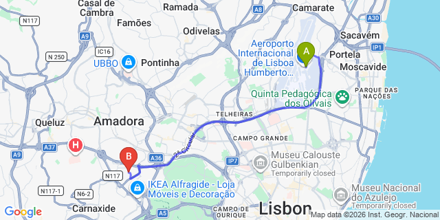 Map: Lisbon Airport (LIS) to Alfragide