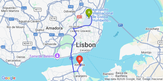 Map: Lisbon Airport (LIS) to Almada