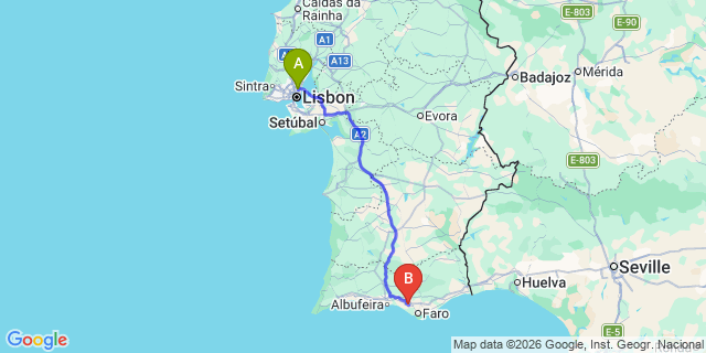 Map: Lisbon Airport (LIS) to Almancil
