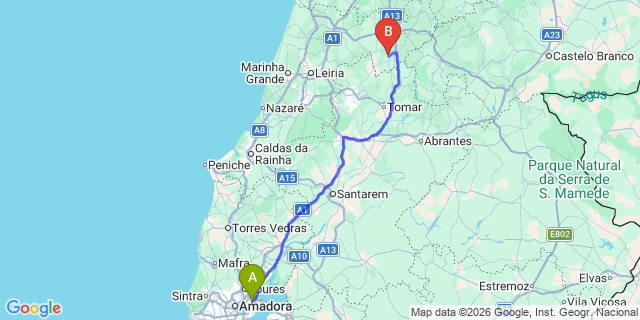 Map: Lisbon Airport (LIS) to Alvaiázere
