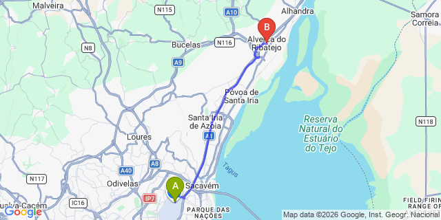 Map: Lisbon Airport (LIS) to Alverca do Ribatejo