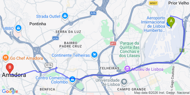 Map: Lisbon Airport (LIS) to Amadora