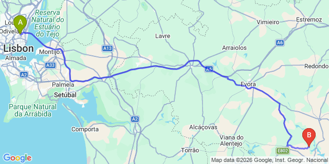 Map: Lisbon Airport (LIS) to Amieira