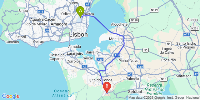 Map: Lisbon Airport (LIS) to Azeitão