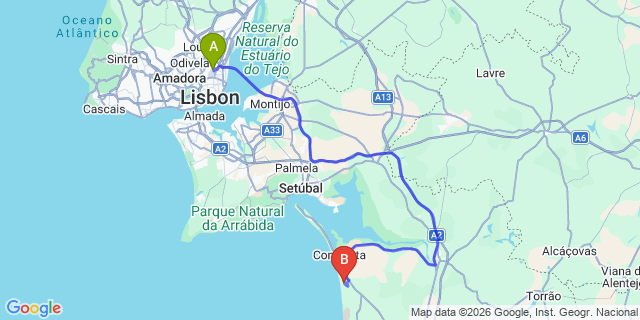 Map: Lisbon Airport (LIS) to Brejos da Carregueira de Baixo