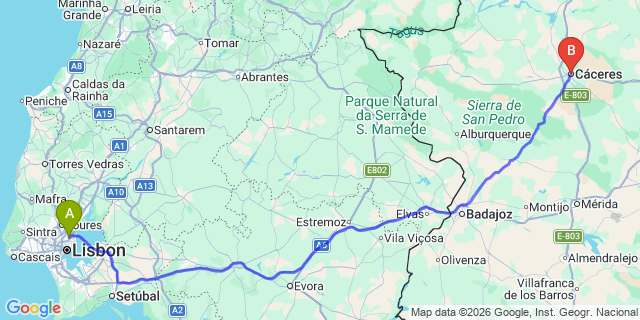 Map: Lisbon Airport (LIS) to Cáceres