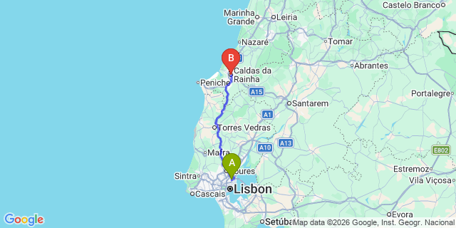 Map: Lisbon Airport (LIS) to Caldas da Rainha