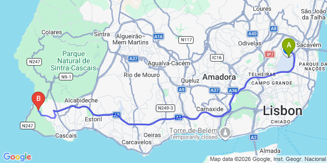 Map: Lisbon Airport (LIS) to Camping Orbitur Guincho
