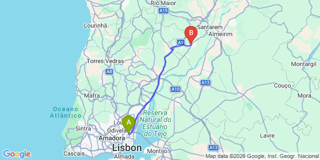 Map: Lisbon Airport (LIS) to Cartaxo
