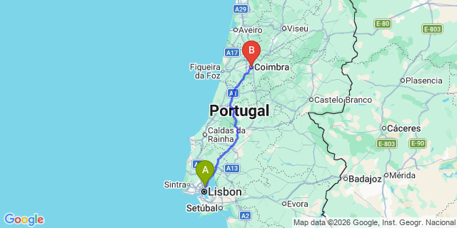 Map: Lisbon Airport (LIS) to Coimbra