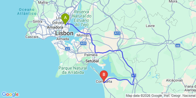 Map: Lisbon Airport (LIS) to Comporta