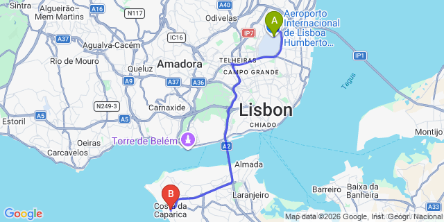 Map: Lisbon Airport (LIS) to Costa da Caparica