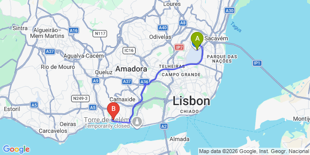 Map: Lisbon Airport (LIS) to Cruz Quebrada