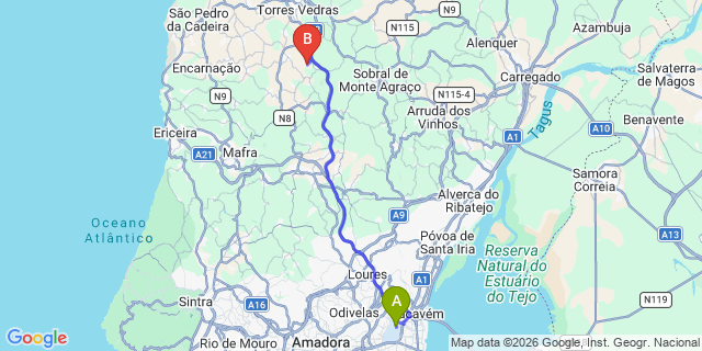 Map: Lisbon Airport (LIS) to Dolce CampoReal Golf Resort
