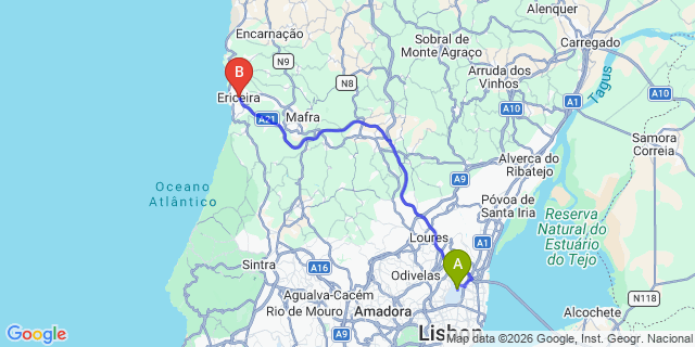 Map: Lisbon Airport (LIS) to Ericeira