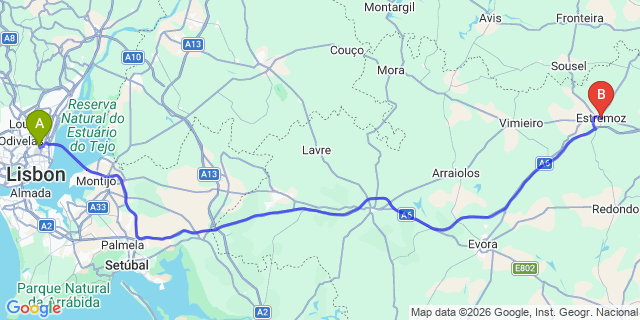 Map: Lisbon Airport (LIS) to Estremoz