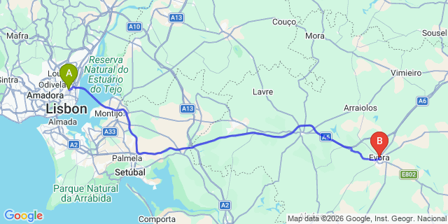 Map: Lisbon Airport (LIS) to Evora