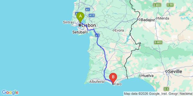Map: Lisbon Airport (LIS) to Faro (all areas)