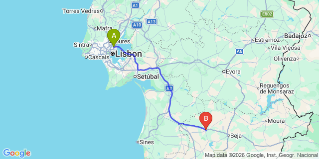 Map: Lisbon Airport (LIS) to Ferreira Do Alentejo