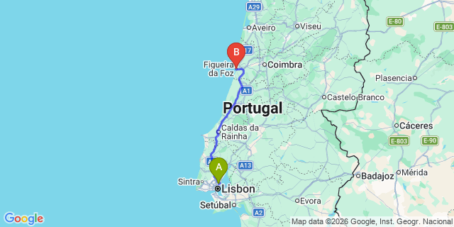 Map: Lisbon Airport (LIS) to Figueira da Foz