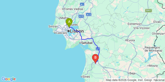 Map: Lisbon Airport (LIS) to Grândola