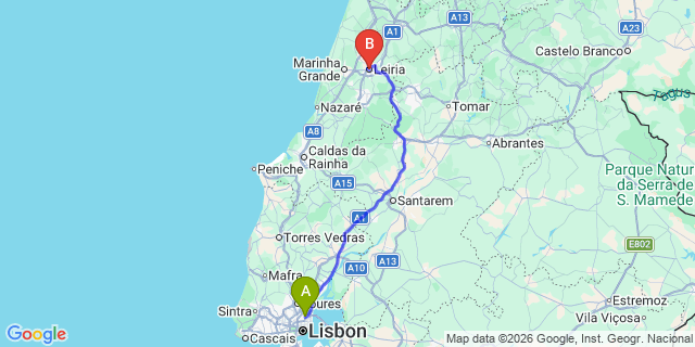 Map: Lisbon Airport (LIS) to Leiria