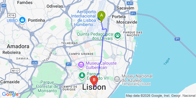 Map: Lisbon Airport (LIS) to Lisboa