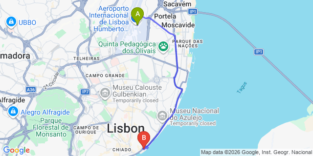 Map: Lisbon Airport (LIS) to Lisbon cruise port
