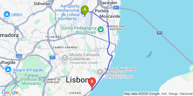 Map: Lisbon Airport (LIS) to Lisbon Santa Apolónia Train Station