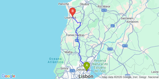 Map: Lisbon Airport (LIS) to Lourinhã