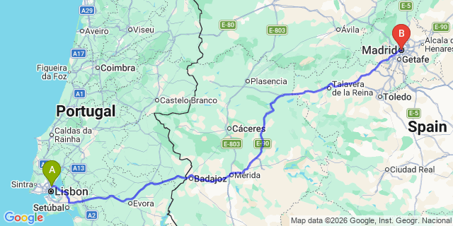 Map: Lisbon Airport (LIS) to Madrid city (all areas)