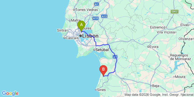 Map: Lisbon Airport (LIS) to Melides
