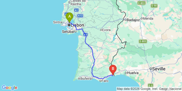 Map: Lisbon Airport (LIS) to Monte Gordo