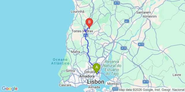 Map: Lisbon Airport (LIS) to Monte Redondo (Torres Vedras)