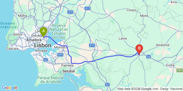 Map: Lisbon Airport (LIS) to Montemor-o-Novo